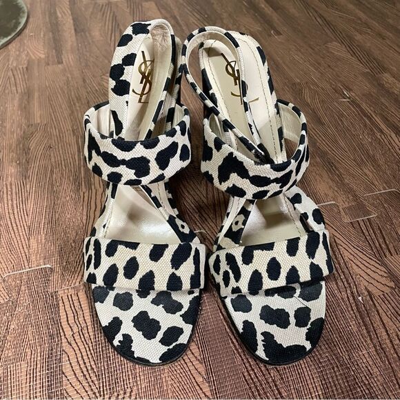 Yves Saint Laurent Heeled Sandals Size 39.5 Leopard Cow Print Canvas Wood Heel - Picture 2 of 10